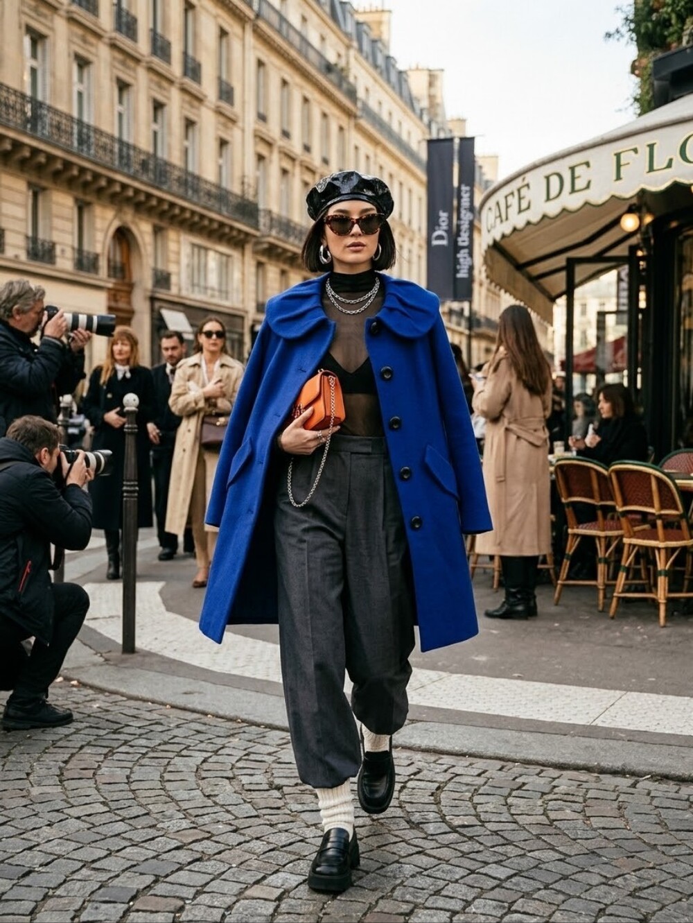 AGNES B Vibrat Blue wool blend coat With Oversized Round Peter Pan Collar